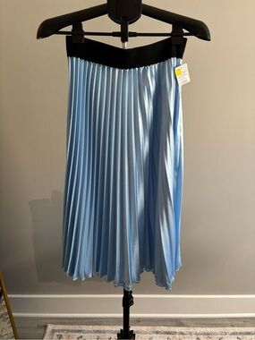 love...ady Pleated Light Blue Midi Skirt with Black Waistband